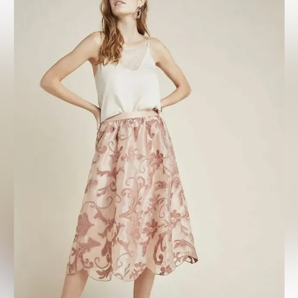 Anthropologie Dresses & Skirts - Anthropologie Maeve Skirt pink lace embroidered roses formal size L NWT fancy